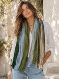 JC021036 Soft Crinkle Textured Multi-Tone Stripe Scarf Wrap with Raw Edge Fringe: Caramel-Multi