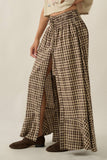 Woven Plaid Button-Front Ruffle-Hem Drawstring Maxi Skirt: Chocolate / L