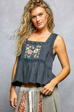 Double Gauze Floral Shirring Square Neck Sleeveless Top: OFF WHITE / S