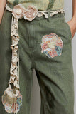 Floral Patchwork Rolled-up Denim Straight Pants: DENIM / L
