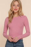 Long Sleeve Round Neck Cotton Spandex Rib Tee: OLV-olive / L