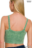 Stone Washed V Neck Seamless Cropped Bra Top: DK GREEN / 3-3 (S/M-L/XL)