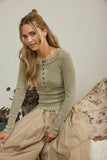 WASHED LONG SLEEVE RIBBED HENLEY KNIT TOP: VINTAGE BLUE