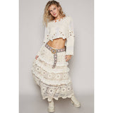 Cropped long sleeve solid crochet top: NATURAL / OS