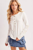CROCHET PATCH SLEEVED HALF BUTTON ROUND NECK TOP: MUSHROOM / S