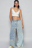 Lace-overlay waistband detail contrast denim woven pants: DENIM MULTI / L