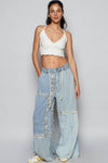 Lace-overlay waistband detail contrast denim woven pants: DENIM MULTI / S
