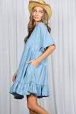 V-Neck 100%Tencel Chambray Tiered Dress VD81038A: Light Denim / M