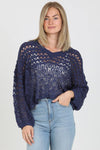 XHS52-ASIS OPEN KNIT V NECK PULLOVER SWEATER: MIDNIGHT BLUE / L