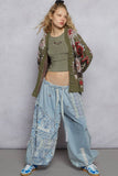 Floral print patchwork twill joger pants: DENIM / M
