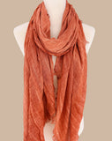 JC021037 Soft Crinkle Gauze Scarf – Boho Lightweight Shawl, Vintage Washed Wrap with Raw Fringe Edges: Coffee