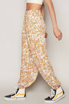 Adjustable string floral print woven harem pants: IVORY MULTI / S
