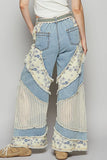 Floral print crochet contrast casual jeans: DENIM / M