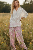 V-neck Short Sleeve Floral Embroidered Crochet Blouse Top: OFF WHITE / Os