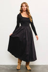 SQUARE NECK LONG SLEEVE SHIRRED WAIST LONG DRESS: IRON / M