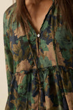 Floral-Print Tiered Ruffle Long-Sleeve Midi Dress: RETRO BLUE / L