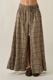 Woven Plaid Button-Front Ruffle-Hem Drawstring Maxi Skirt: Chocolate / S