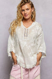 V-neck Short Sleeve Floral Embroidered Crochet Blouse Top: OFF WHITE / Os