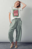 Striped Cotton Drawstring Harem Pants: SAGE / S-M-L:2-2-2