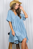 V-Neck 100%Tencel Chambray Tiered Dress VD81038A: Light Denim / M