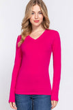 Basic Solid Long Sleeve V Neck Top: BLACK / 2-2-2 (S-M-L)