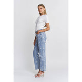 HIGH RISE STRAIGHT LEG WITH EMBROIDERY JEANS: MID BLUE / 30