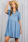 Short Sleeve 100%Tencel Chambray Denim Casual Dress VD83372: Denim Blue / M