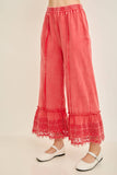 Mineral Washed Delicate lace trim hem Cropped Pants HP7236: HotCocoa / S-M-L / 2-2-2
