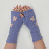 Fingerless Cashmere Gloves-Wildflower: Blue on Olive / One Size Fits Most