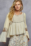 Long sleeve plaid contrast double gauze woven top: CREAM / L