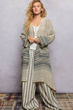 V-Neck Solid Stripe Linen Long Sleeve Cardigan: NATURAL MULTI / S