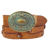 Western Floral Buckle w. Vintage Distressed Studded Belt: Vintage Tan / S