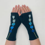 Fingerless Cashmere Gloves-Lupine: Teal on Gold / One Size Fits Most