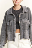 Mineral Wash Button Cropped Shacket HT5560: Ashed Black / S-M-L / 2-2-2