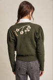 Floral Embroidered Puff Sleeve Cardigan: Dark Olive / S