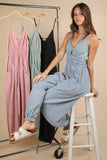 NP70837-Mineral Washed Cotton Gauze Casual Jumpsuit: SAGE / S-M-L/2-2-2