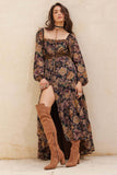Floral Button-Front Tiered Ruffle Maxi Dress: Black / M