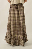 Woven Plaid Button-Front Ruffle-Hem Drawstring Maxi Skirt: Chocolate / L