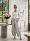 75096 solid linen balloon pants with elasticated waist: CELADON