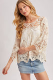 BOHO SHEER CROCHET 3/4 SLEEVED TOP WITH NO LINING: NATURAL / S