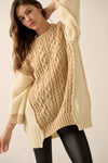 Colorblock Round-Neck Cable-Knit Oversize Sweater: Sand / S