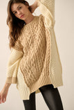 Colorblock Round-Neck Cable-Knit Oversize Sweater: Sand / S