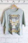 FREE SPIRIT BUTTERFLY GRAPHIC LONG CROP TOP: STONE