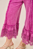 Mineral Washed Delicate lace trim hem Cropped Pants HP7236: HotCocoa / S-M-L / 2-2-2
