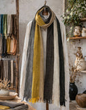 JC021036 Soft Crinkle Textured Multi-Tone Stripe Scarf Wrap with Raw Edge Fringe: Gray-Multi