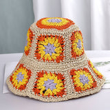 Granny Square Sun Hat Floral Straw Bucket Hat: CYellow / M