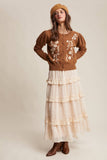 Floral Embroidered Puff Sleeve Cardigan: Dark Olive / M