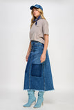 HIGH RISE FLARED MAXI SKIRT - Patchwork Design: DARK DENIM / M