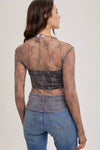 FLORAL EMBROIDERY LACE MESH LAYERING TOP: HAZELNUT / S