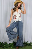Flared Ruffle Hem Washed Chambray Crop Denim Pants VP83039: Washed Denim / S